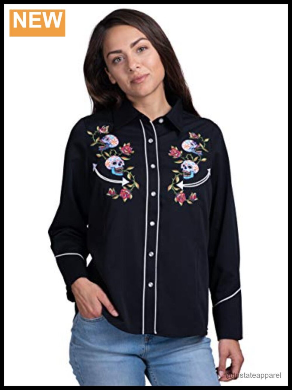 Day of the Dead Western Button Down Shirt Embroidered Gabardine Pearl Snap